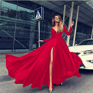 Open image in slideshow, Women Party Dress Vestidos Sexy Deep V-neck Plus Size Solid Color High Waist Long Sleeve Long Dress
