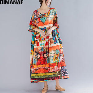 Open image in slideshow, DIMANAF Plus Size Women Print Dress Summer Sundress Cotton Female Lady Vestidos Loose Casual Dress Big Size 5XL 6XL
