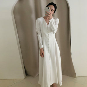 Open image in slideshow, Elegant Dress 2020 Spring Fashion V-neck Single-breasted High Waist Solid Big Swing Type Long sleeve Dresses
