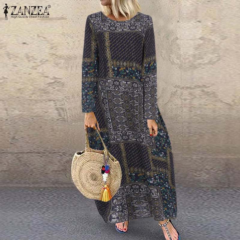 Vintage Printed Maxi Dress Women's Sundress 2020 ZANZEA Casual Long Sleeve Tunic Vestidos