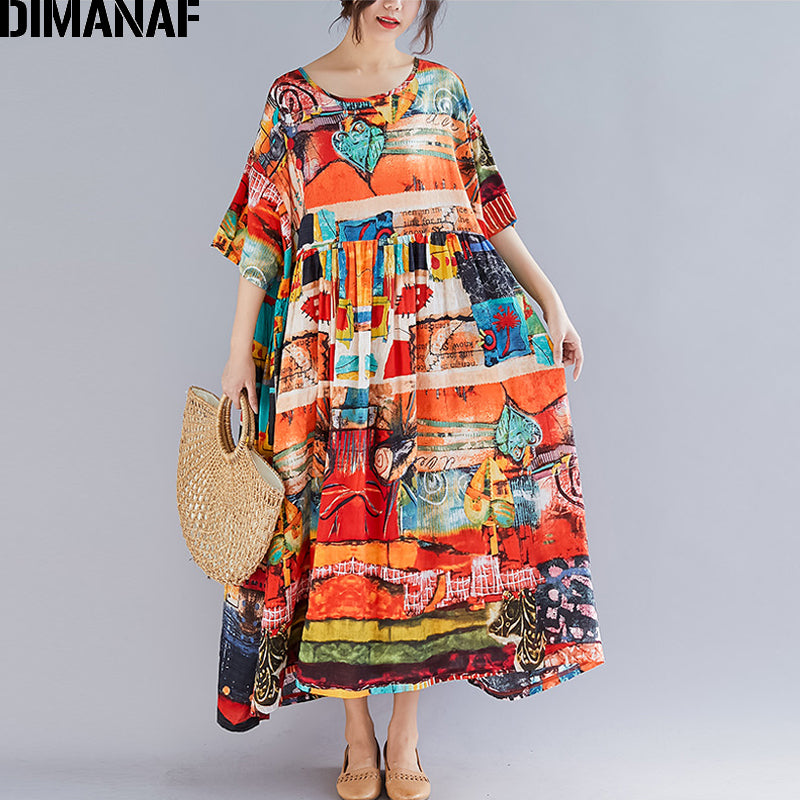 DIMANAF Plus Size Women Print Dress Summer Sundress Cotton Female Lady Vestidos Loose Casual Dress Big Size 5XL 6XL