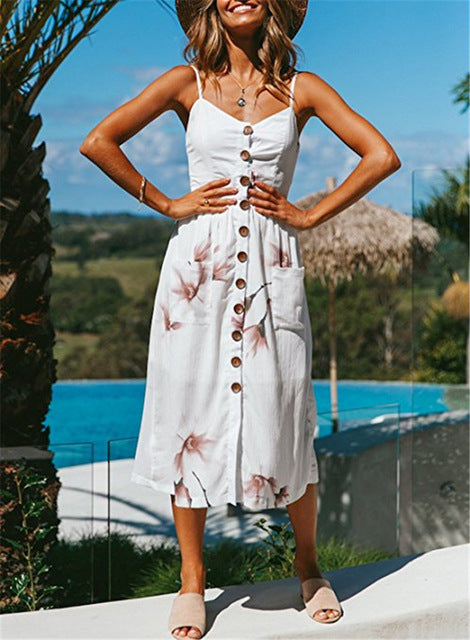New Women Print Floral Stripe Long dress Sexy V-Neck Sleevele Button Beach Casual Boho Midi Dress