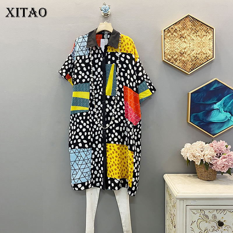 XITAO Trend Printed Dress Women Fashion Short Sleeve Single-breasted Dresses Korean Style Loose