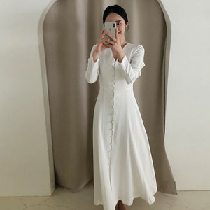 Elegant Dress 2020 Spring Fashion V-neck Single-breasted High Waist Solid Big Swing Type Long sleeve Dresses