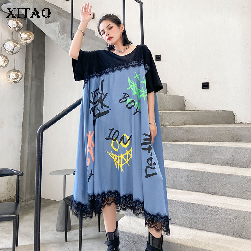 XITAO Plus Size Letter Print Lace Dress Women Clothes 2020 Summer Fashion Pullover Short Sleeve