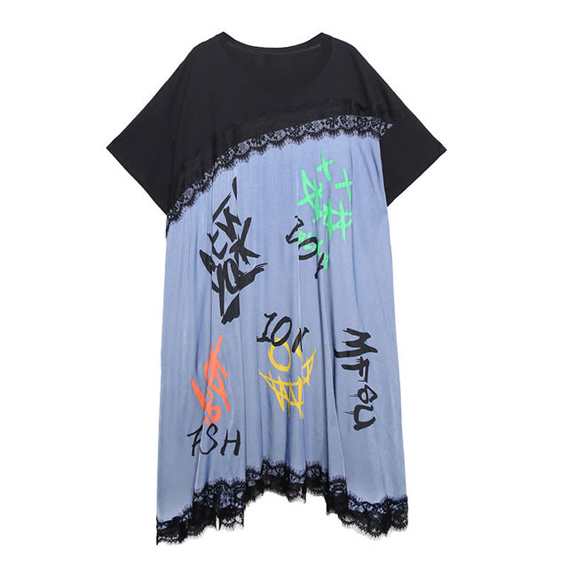 XITAO Plus Size Letter Print Lace Dress Women Clothes 2020 Summer Fashion Pullover Short Sleeve