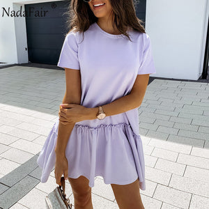 Open image in slideshow, Nadafair Solid Short Casual Dresses Plus Size Short Sleeve Ruffles O Neck A-Line Mini Boho Beach Summer
