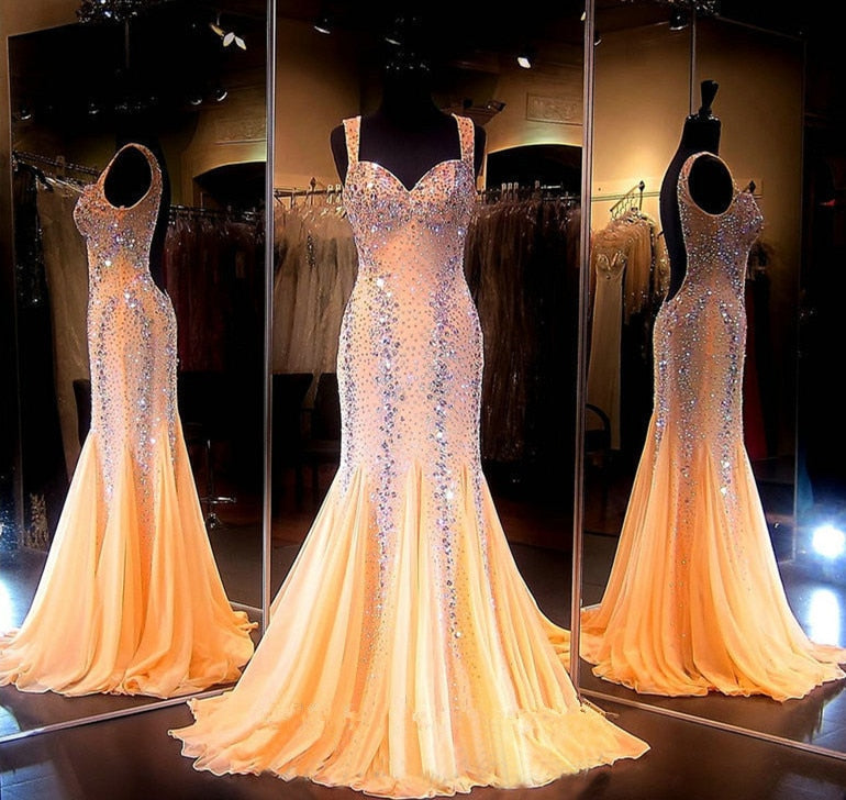 Coral Sweetheart Luxury Crystal Tulle Beaded Backless Sequin Long Evening Formal Gowns