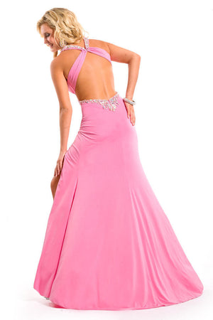 Sexy new Design V neck sexy crystal vestidos formales pink long open back party prom gown Graduation Dresses