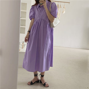 Summer Students Solid Cute Puff Sleeves Hot Sweet New Chic Long Dress Vestidos