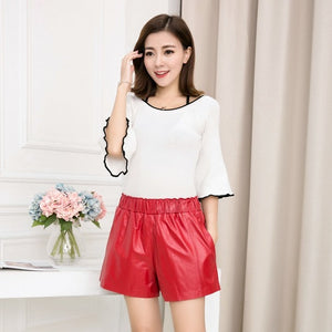 Open image in slideshow, High Quality Women Elastic Waist Wide Leg Short Pants 8 Colors Casual Streetwear Shorts Slim Fit Sheepskin Real Leather Shorts
